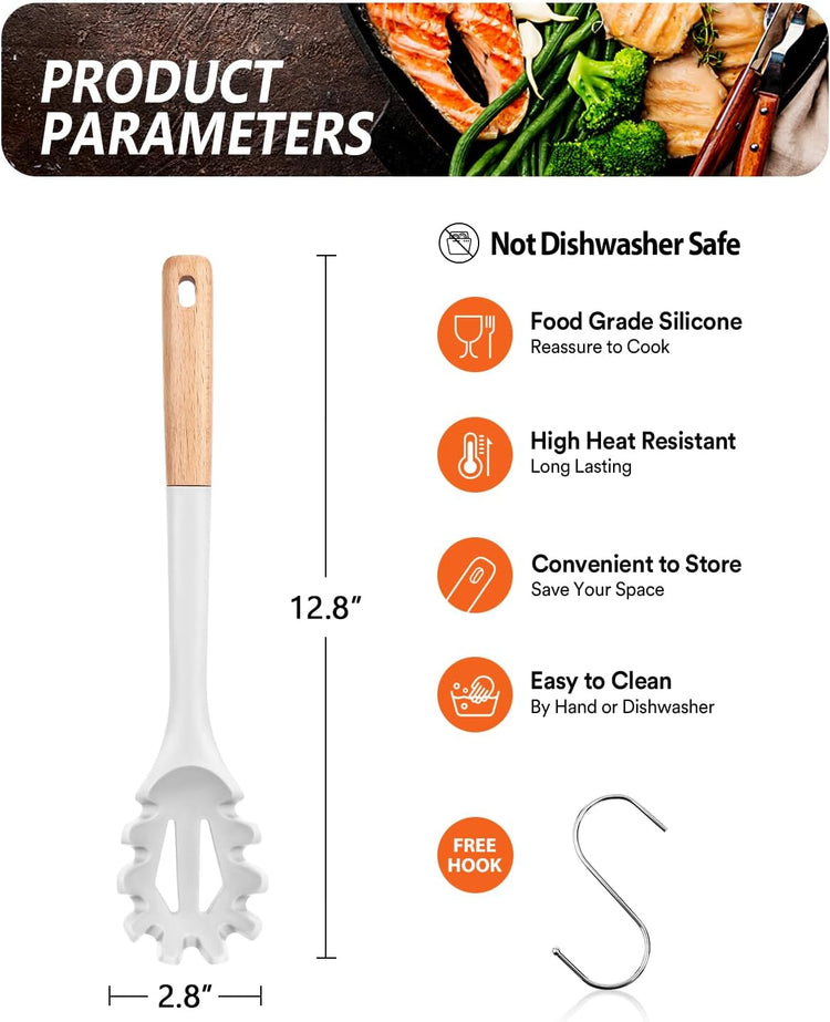 Silicone Pasta Fork, Kitchen Heat Resistant Noodle Spoon Server, BPA Free Spaghetti Strainer,12.8 inch (WHITE)