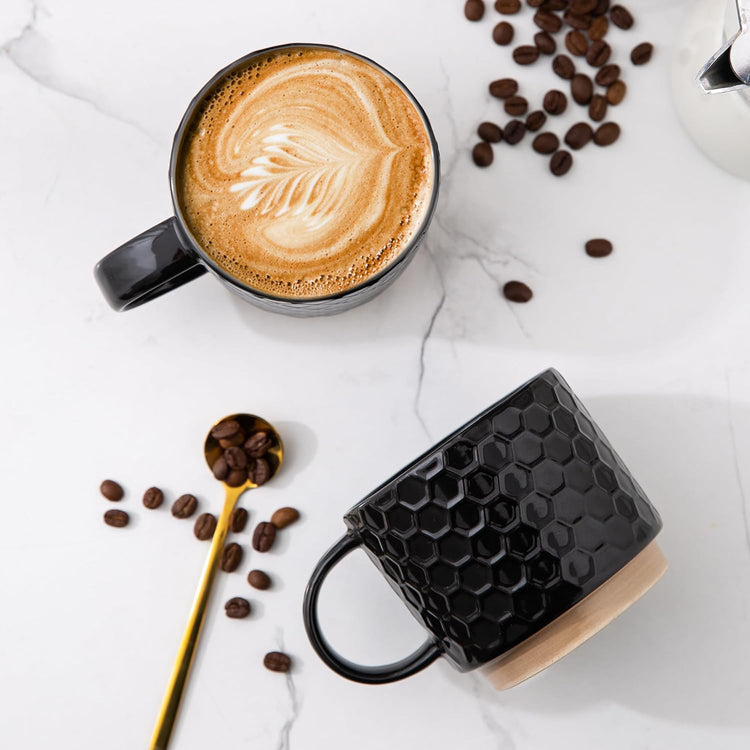 GBHOME 12OZ Stackable Coffee Mugs with Stand, Ceramic Coffee Mugs with Texture Patterns for Man,Woman,Dad,Mom, Modern Coffee Cups Set of 4 for Latte/Cappuccino/Cocoa. Dishwasher&Microwave Safe,Black