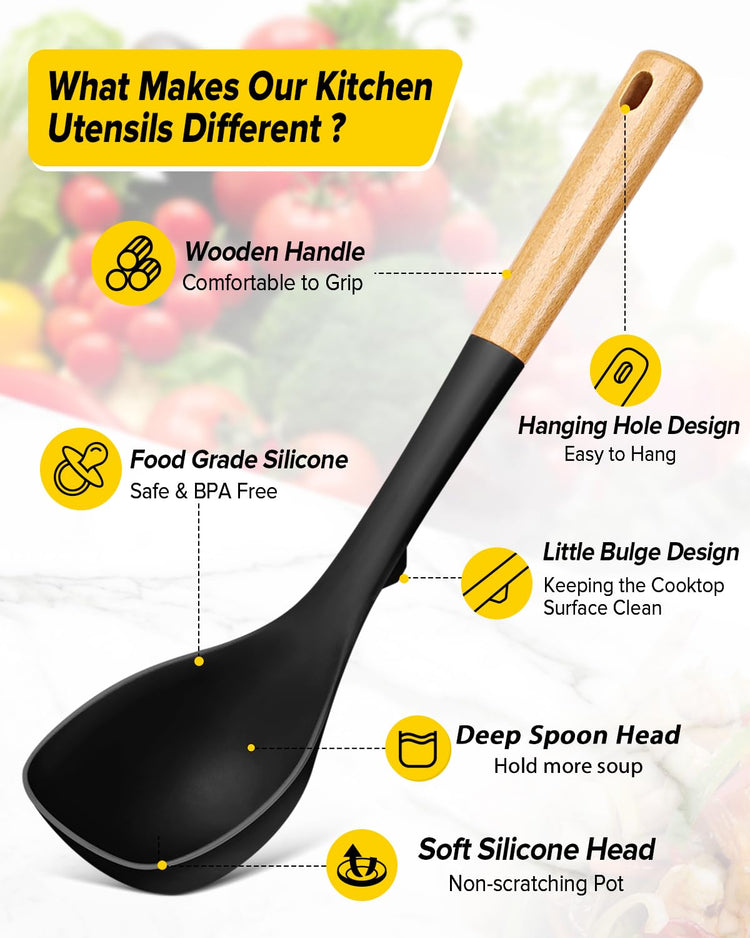 Silicone Soup Ladle and Spaghetti Spoon Set with Wooden Handle (2 Count)