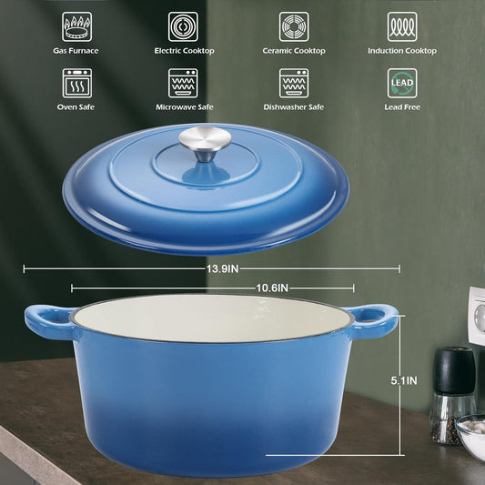 6 Quart Round Dutch Oven with Lid, Leonyo 6QT Enameled Cast Iron Dutch Oven for Sourdough Bread Baking, Heavy Duty Cookware for Braising, Stews, Roasting, Blue - Nestoria