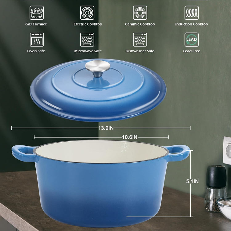 6 Quart Round Dutch Oven with Lid, Leonyo 6QT Enameled Cast Iron Dutch Oven for Sourdough Bread Baking, Heavy Duty Cookware for Braising, Stews, Roasting, Blue - Nestoria