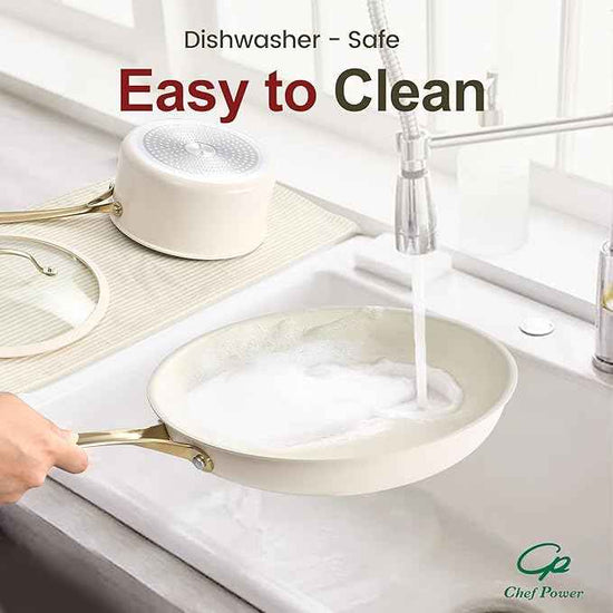Chef Power Ceramic Cookware Sets, 15Pcs Pots and Pans Set Non Stick, Cookware Set with Stainless Steel Handle, Dishwasher & Oven Safe, Cream White and Light Gold Handle