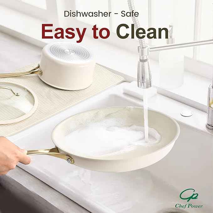 Chef Power Ceramic Cookware Sets, 15Pcs Pots and Pans Set Non Stick, Cookware Set with Stainless Steel Handle, Dishwasher & Oven Safe, Cream White and Light Gold Handle