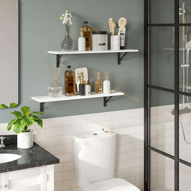 DINZI LVJ Long Wall Shelves, 24 Inch White Floating Shelves Set of 2, Easy-to-Install, Wall Storage Ledges with Sturdy Metal Brackets for Living Room, Bathroom, Bedroom, Kitchen, White
