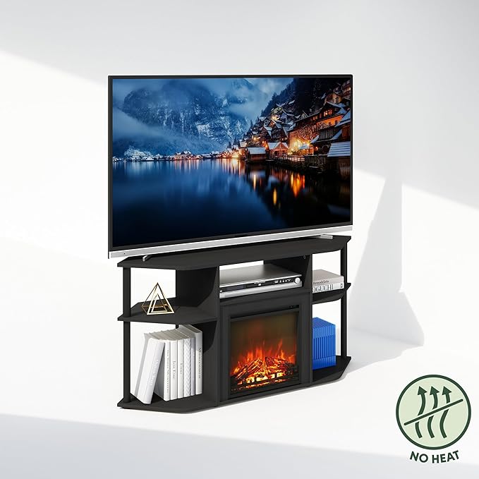 Furinno Jensen Fireplace TV Stand, NO Heat Decorative Electric Fireplace Corner Open Shelf TV Stand for TV up to 55 Inch, for Living Room, Dark Americano
