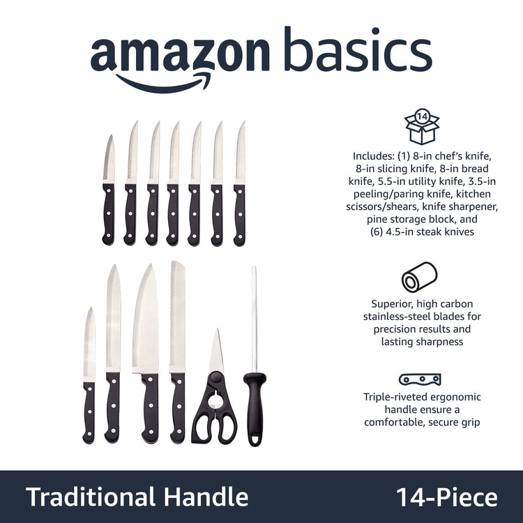 14 Piece High Carbon Stainless Steel Kitchen Knife Set with Full Tang Construction (14 Count)