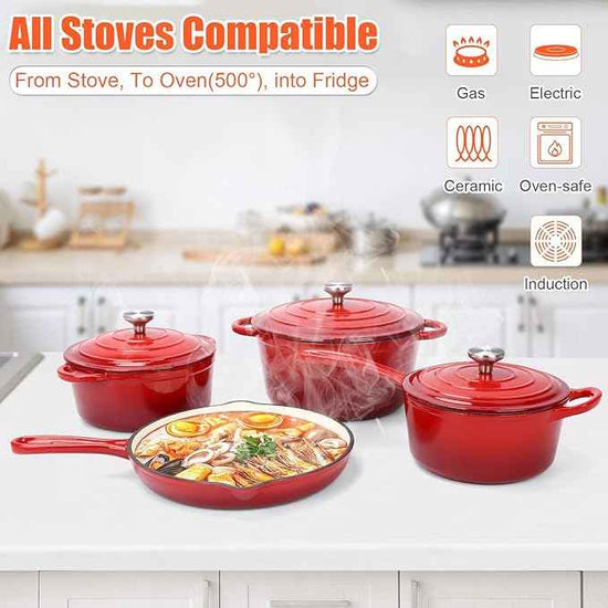 QuliMetal Nonstick Enameled Cast Iron Cookware Set, 7-Pcs Pots and Pans with Lids, Frying Pan Skillet, Sauce Pan, Healthy Round Dutch Oven Pot for Sourdough Bread Baking on All Stovetops, Rouge Red