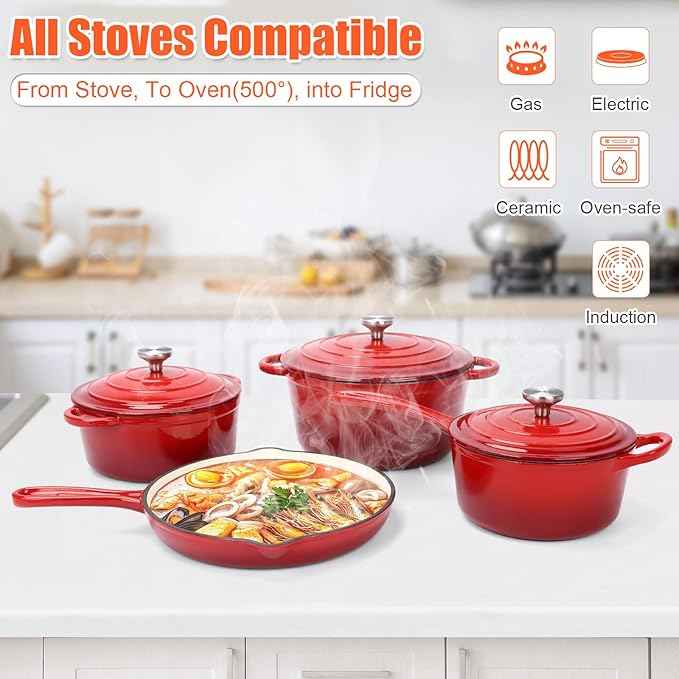 QuliMetal Nonstick Enameled Cast Iron Cookware Set, 7-Pcs Pots and Pans with Lids, Frying Pan Skillet, Sauce Pan, Healthy Round Dutch Oven Pot for Sourdough Bread Baking on All Stovetops, Rouge Red