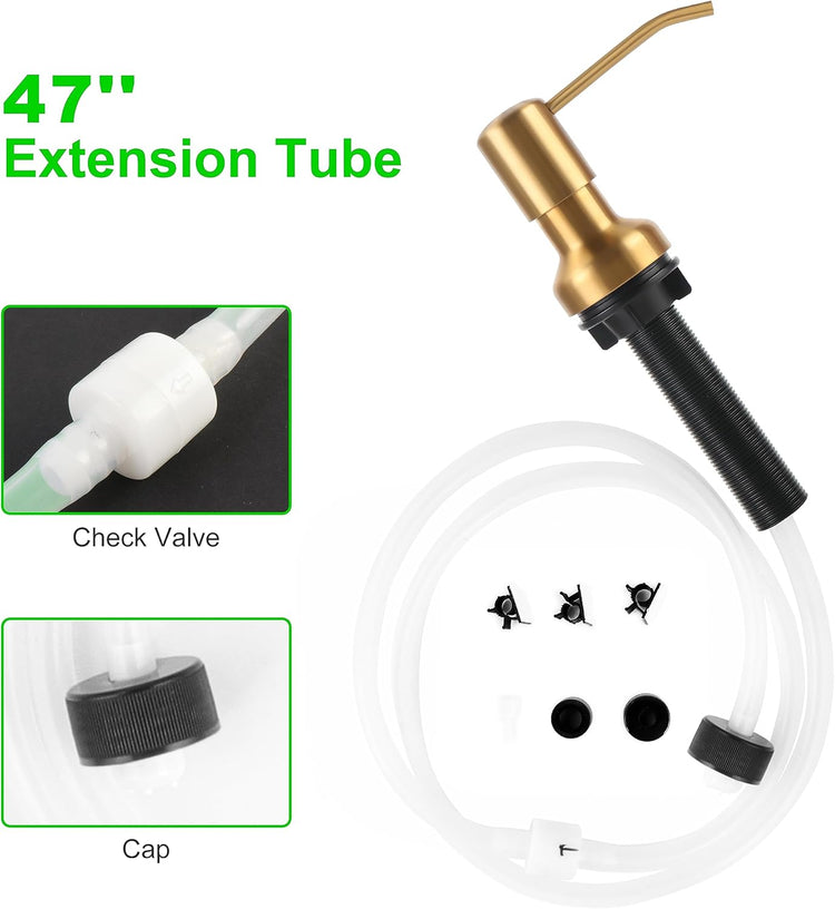 Soap Dispenser for Kitchen Sink, Sink Soap Dispenser with Longer Threaded Shaft Shank, 47" Extension Tube Connects Directly to Dish Soap Container, Wider Pump Head Base（Golden）
