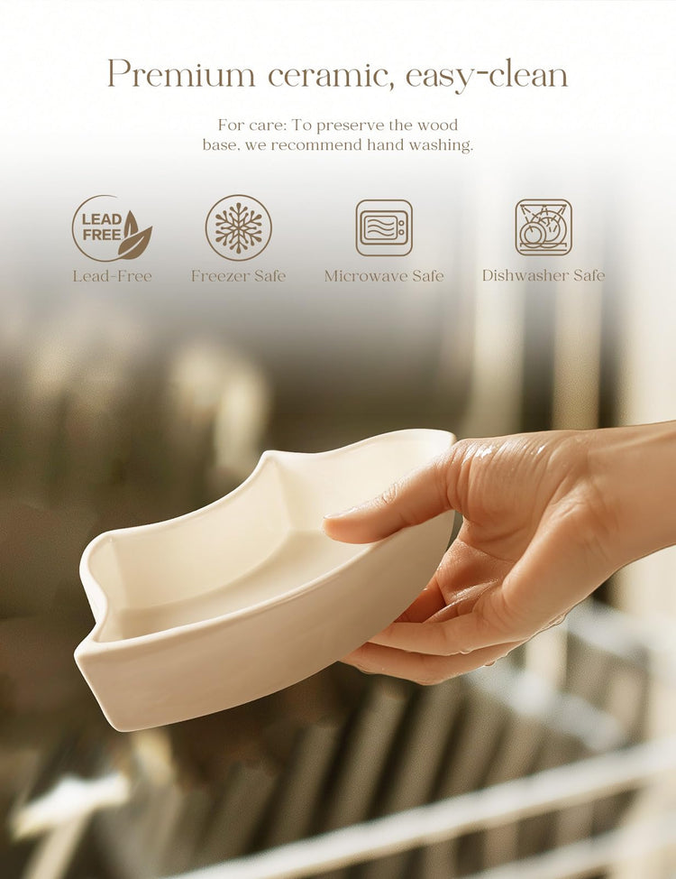 Ceramic Divided Serving Dishes with 360°Rotatable Bamboo Tray and Handles