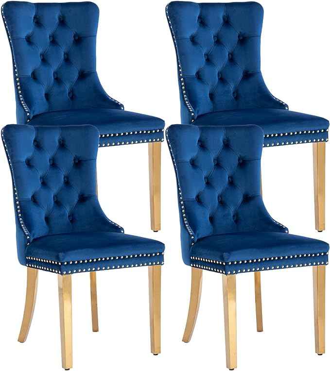 Blue Velvet Dining Chairs Set of 4, Dining Room Chairs Set of 4, Tufted Upholstered Dining Room Chair, Back Ring Pull Trim, Golden Stainless Steel Legs, Blue