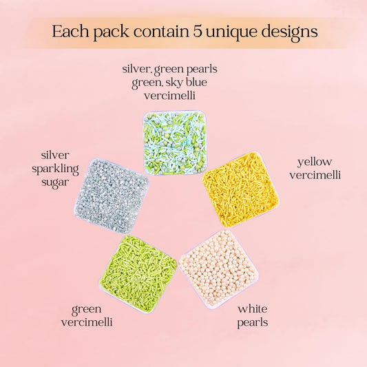 Edible Sprinkles for Cakes & Cupcakes Decoration Assorted pack of 5 Summer Fun Sprinkles Mix White Dragees Green Yellow Blue Jimmies Silver Sparkling Sugar (5 Ounce)