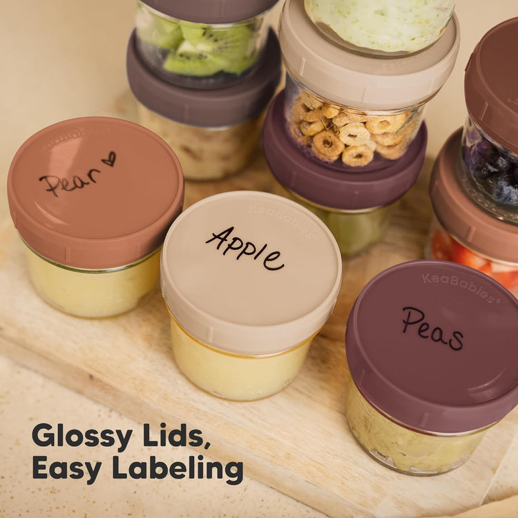 KeaBabies 12pk 4oz Glass Baby Food Containers with Lids - Leak-Proof, Microwavable Small Glass Jars, Baby Purees & Toddler Snack Storage Containers, BPA-Free, Dishwasher & Freezer Safe (Terracotta)
