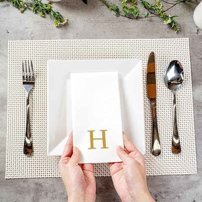 Luxenap 15.8 X 7.9 Inch Linen-Feel Guest Towels, 50 Lettered Hand Towels - Gold Letter 'H', Sans Serif Font, White Paper Dinner Napkins, airlaid, For Restrooms And Tables - Restaurantware