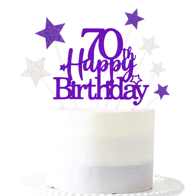 Purple Silver 70th Birthday Cake Topper with Glittery Stars (7 Count)