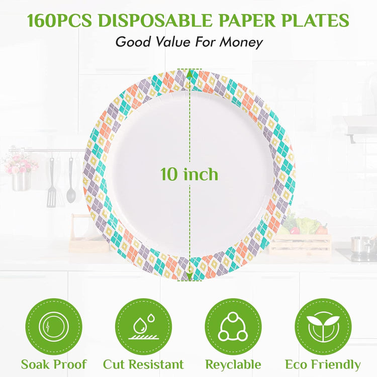 FOCUSLINE 10 Inch Paper Plates, 160 Count Disposable Paper Plates for Everyday Use, Cut-Proof & Soak-Proof Coated Dinner Plate Large, Round 10" Plate for Home, Party