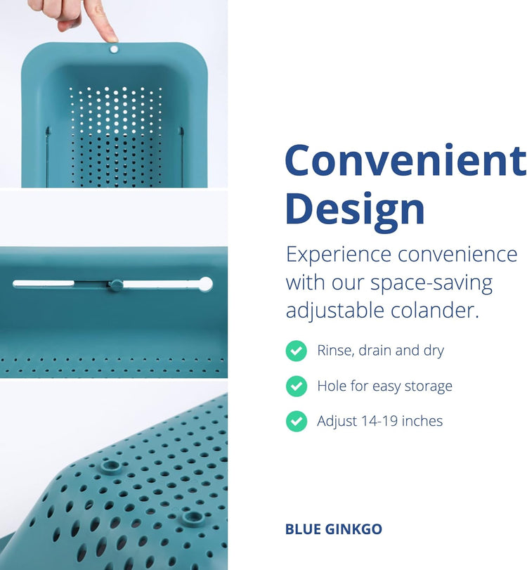 BLUE GINKGO Over the Sink Colander Strainer Basket - Wash Vegetables and Fruits, Drain Cooked Pasta and Dry Dishes - Extendable - New Home Kitchen Essentials (7.9 W x 14.5-19.5 L x 2.75 H) - Teal