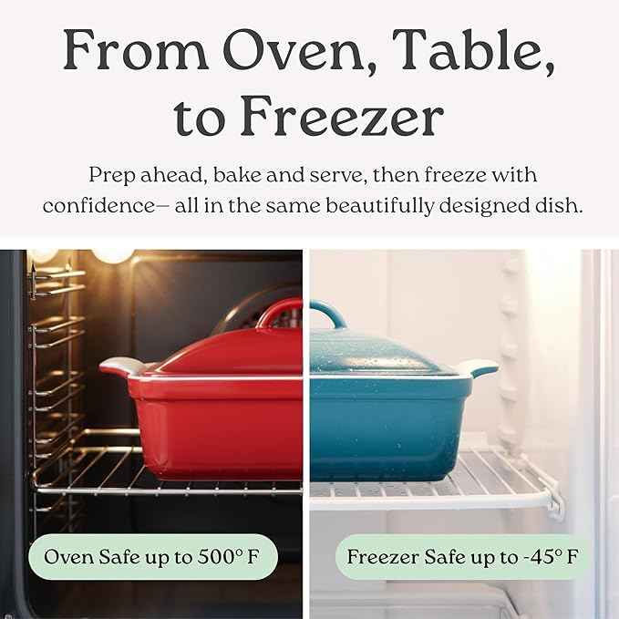 Stoneware Casserole Dish Bakeware with Lid | Covered Square Dinnerware | Medium 2 Quart, [Passion Red]