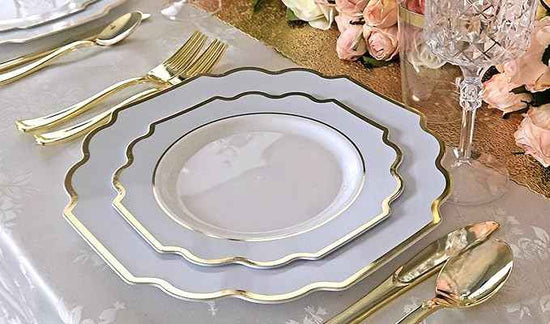 OCCASIONS FINEST 200 Piece Disposable Dinnerware Set for 25 Guests, – Plastic Plates, Gold Cutlery, Cups, Napkins – Heavy Duty Party Tableware, Imperial White Blue Gold Collection