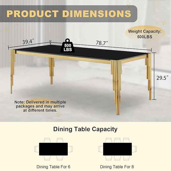 78'' Modern Glass Dining Table for 6-8 People,Black Tempered Glass Top Dining Room Table with Stainless Steel Base, Glass and Gold Dining Table for 6, Rectangle Dining Kitchen Table for Dinner