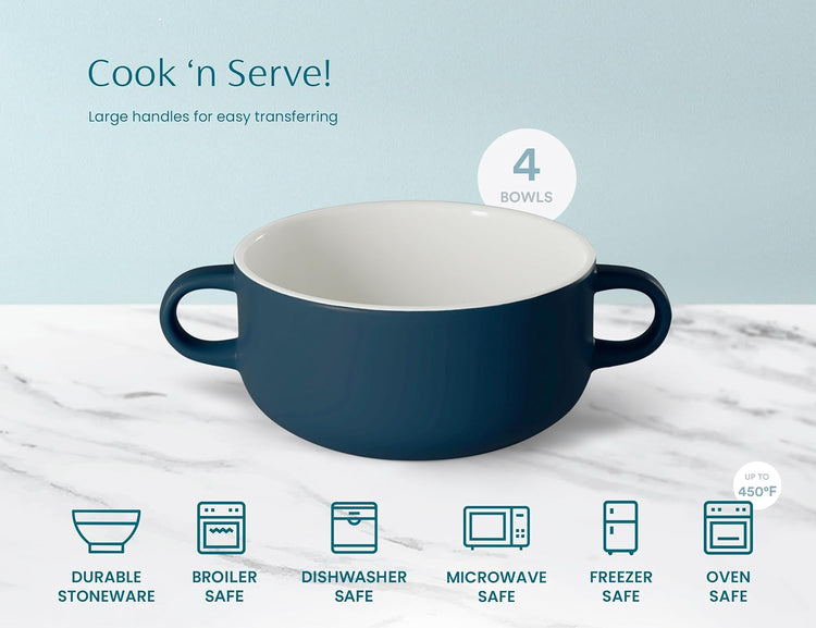 Kook Soup Crocks, Ceramic Bowls, Broil, Oven, Microwave and Dishwasher Safe, with Handles, For Casserole, Pasta, Cereal, 18 oz, Set of 4 (Navy)