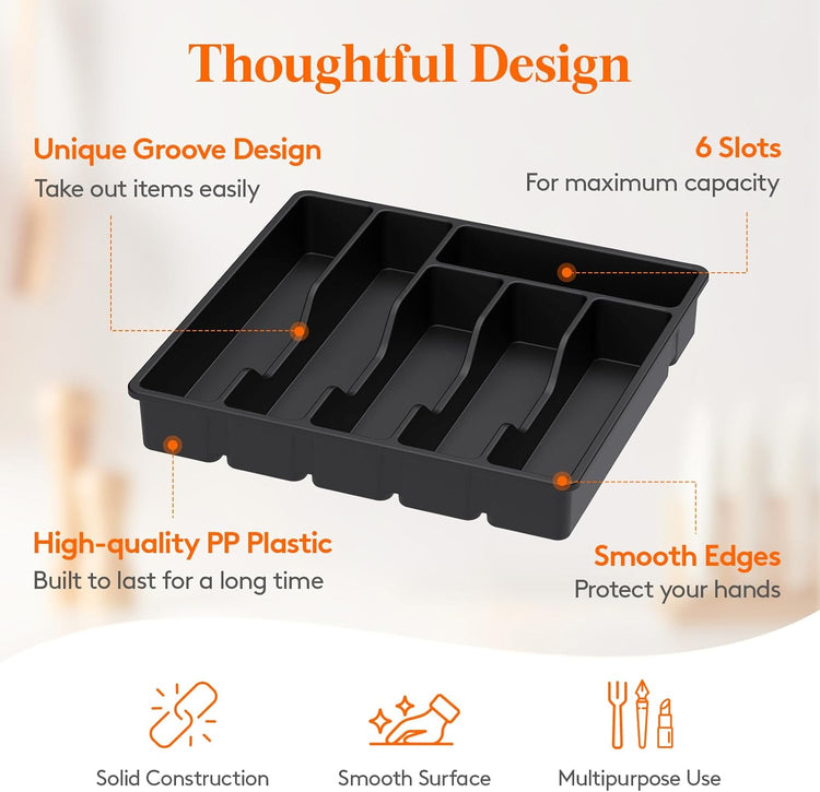Lifewit Silverware Drawer Organizer Tray, Plastic Cutlery Storage for Kitchen Drawer, Flatware and Utensil Holder Divider for Spoons Forks Knives Tableware, 6 Compartment, Black