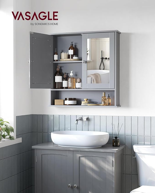 VASAGLE Bathroom Cabinet with Mirror, Wall Cabinet with 2 Mirrored Doors, Adjustable Shelf, Open Compartment, Wall-Mounted, 5.1 x 22.2 x 23 Inches, Dove Gray ULHC002G02