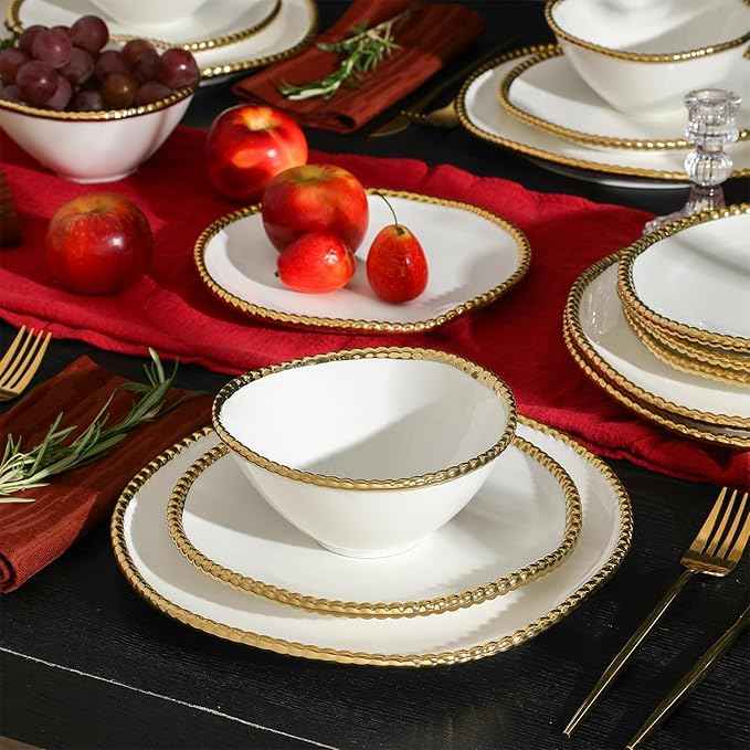 Christian Siriano Akoya Porcelain Dinnerware Set, 24-Piece - Dish Set for 8, Plates and Bowls Set, White and Gold