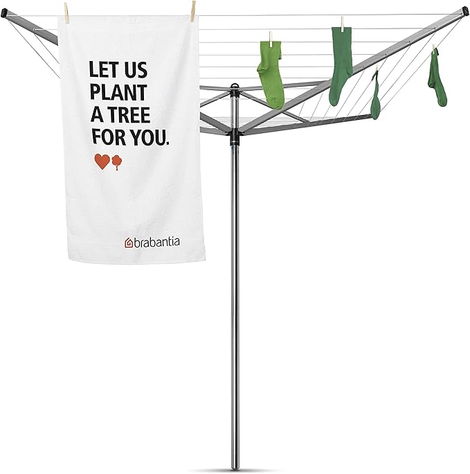 Brabantia Topspinner Outdoor 4 Arm Spinning Clothesline (197 ft/Ø 1.8") Rotating, Folding Clothes Drying Rack + Ground Spike (Gray)