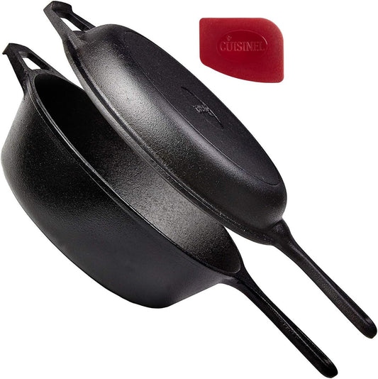 Cuisinel Cast Iron Skillet + Lid - 2-In-1 Multi Cooker - Deep Pot + Frying Pan - 3-Qt Dutch Oven - Pre-Seasoned Oven Cookware - Works for Bread, Indoor/Outdoor, Grill, Stovetop and Induction - Nestoria