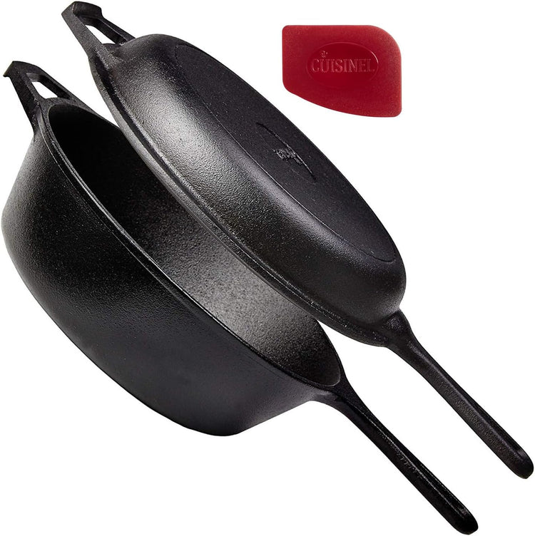 Cuisinel Cast Iron Skillet + Lid - 2-In-1 Multi Cooker - Deep Pot + Frying Pan - 3-Qt Dutch Oven - Pre-Seasoned Oven Cookware - Works for Bread, Indoor/Outdoor, Grill, Stovetop and Induction - Nestoria