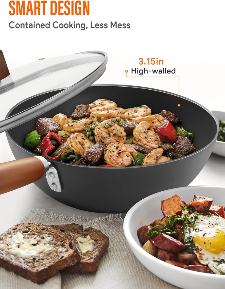 Carbon Steel Wok Pan, 9.5" Authentic Chinese Stir-Fry Pans Set with Glass Lid, 1.65lb Lightweight Flat Bottom Small Wok for 1-2 Servings