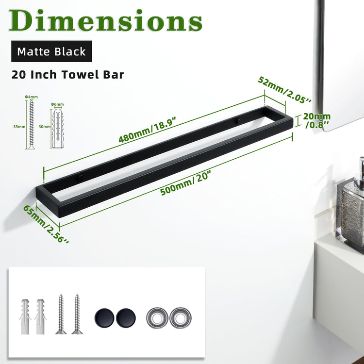 20 Inch Hand Towel Holder Black Towel Bar for Bathroom Wall Mounted