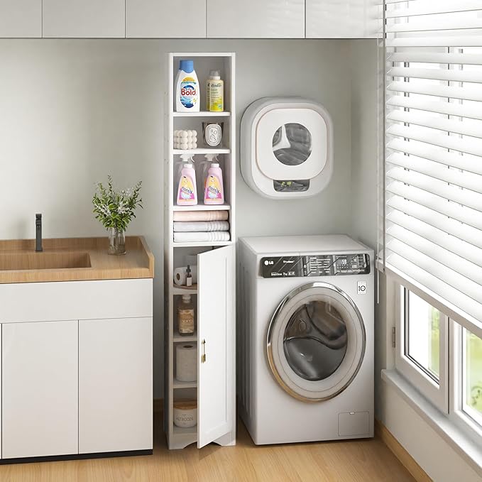 VECELO Narrow Tall Storage Cabinet, Modern Multi-Purpose Bookshelf with Adjustable Shelves & Closed Door, for Kitchen, Living Room, Bathroom, Bedroom, White