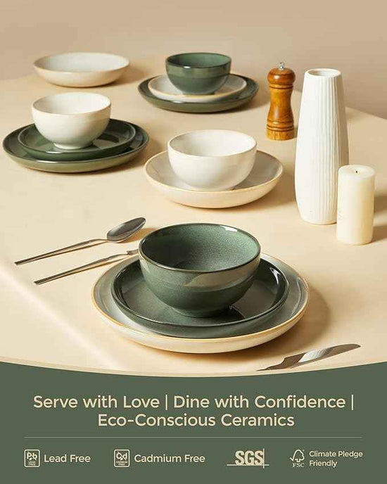 Stoneware Dinnerware Sets for 6, 18 Piece Microwave Safe Plate and Bowl Set, Easy to Clean & Durable Dishes Sets for Small to Medium Families, Forest Green