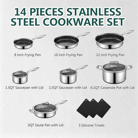 Yoehka 14-Piece Hybrid Stainless Steel Cookware Set, Non-Stick Pots and Pans Set with 3 Silicone Trivets | Induction Compatible Frying Pans, Saucepans, Saute Pan & Stock Pot | Oven Dishwasher Safe