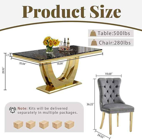 Marble Dining Table Set for 6,70" Black Faux Marble Kitchen Tables and Velvet Chairs for 6,7 Piece Luxury Dining Room Table Set and 6 Upholstered Chairs with Gold Stainless Steel Bases