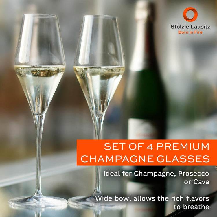 Stölzle Lausitz Set of 4 Glass Champagne Flutes (QUATROPHIL). Dishwasher Safe Lead-Free Crystal Champagne Glasses (10.25Fl oz) Break-Resistant Mimosa Glasses, Mimosa Flutes - Genuine Stölzle Glassware