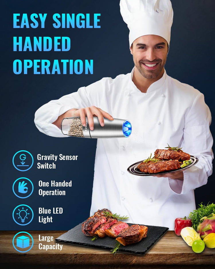 XinXu Gravity Electric Pepper and Salt Grinder Set, Salt/Pepper Mill & Adjustable Coarseness, Battery Powered with LED Light, One Hand Automatic Operation, (Set/Silver)