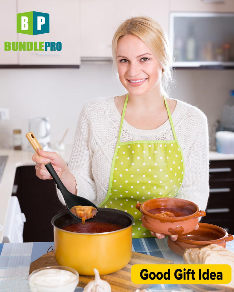 Silicone Soup Ladle and Spaghetti Spoon Set with Wooden Handle (2 Count)