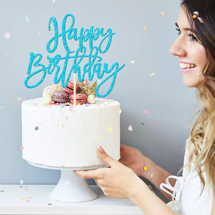 1 PCS Happy Birthday Cake Topper Glitter Happy Birthday Cake Pick for Celebrating Happy Birthday Anniversary Theme Party Cake Decorations Supplies Light Blue