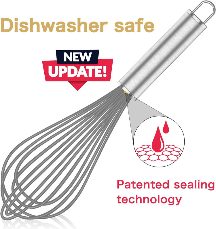 Grey Silicone Whisk, Professional Whisks For Cooking Non-Scratch, Stainless Steel & Silicone Wisk, Plastic Rubber Whisk Tool For Nonstick Cookware Pans, Silicon Wisks Set of 3