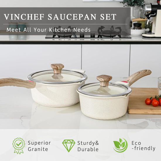 VINCHEF Sauce Pan Set with Lid 10PCS, 3 White Non Stick Cooking Pots Induction pot sets, Saucepan Set with Silicone Tools and Pot Protectors, PFAS and PFOA Free (2QT+3QT+4QT) - Nestoria