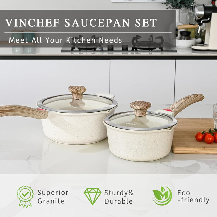 VINCHEF Sauce Pan Set with Lid 10PCS, 3 White Non Stick Cooking Pots Induction pot sets, Saucepan Set with Silicone Tools and Pot Protectors, PFAS and PFOA Free (2QT+3QT+4QT) - Nestoria