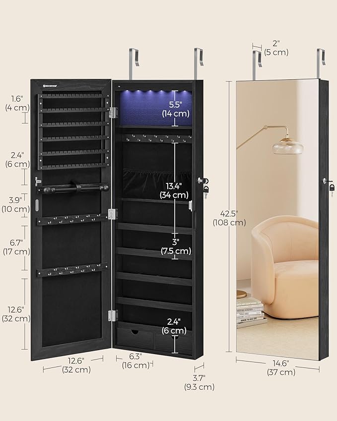 SONGMICS Hanging Jewelry Cabinet, Wall-Mounted Cabinet with LED Interior Lights, Door-Mounted Jewelry Organizer, Full-Length Mirror, Gift Idea, Ink Black UJJC099B01