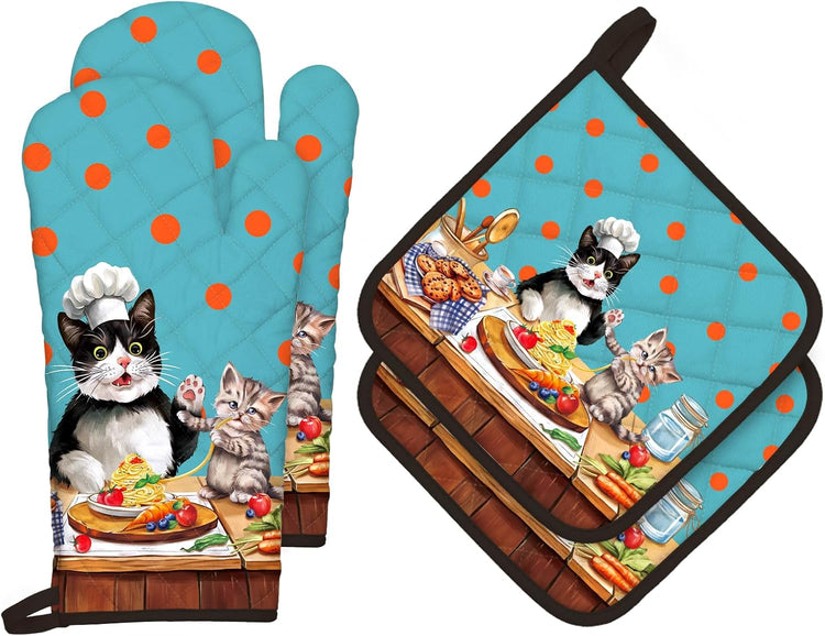 Cute Cat Oven Mitts and Pot Holders Sets 4Pcs, 100% Cotton Heat Resistant, Extra Long Oven Gloves Potholder for Kitchen Cooking Baking Decoration