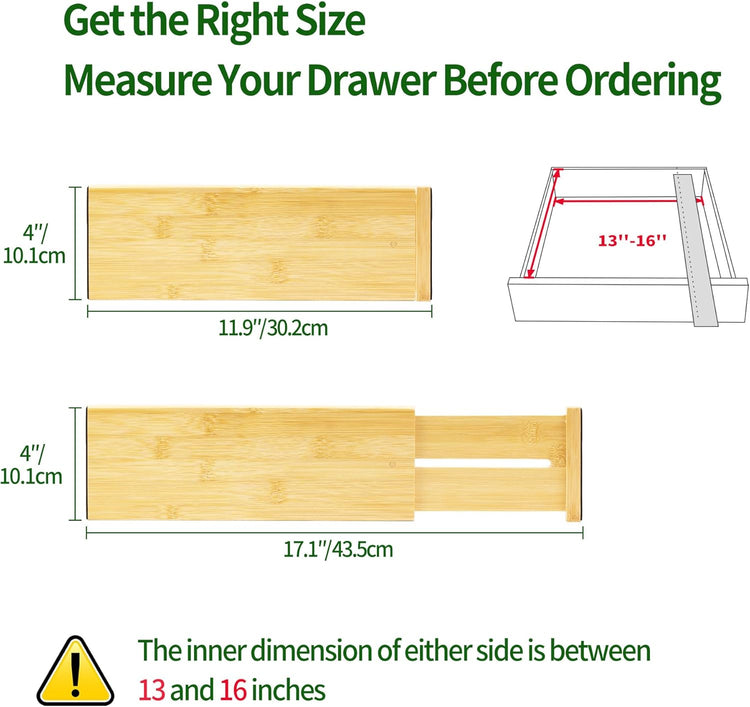 VaeFae 3 Pack Bamboo Drawer Dividers, 4" High Adjustable 11.9-17.1" Clothes Drawer Organizers, Expandable Separators for Bedroom/Bathroom/Kitchen/Office Storage