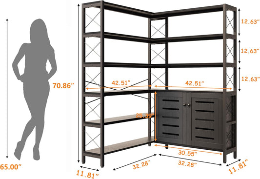 6-Shelf Corner Bookshelf, Vintage Industrial Corner Shelf Etagere Bookcase, Large Book Shelf with Metal Frame Open Storage Corner Cabinet (Black-Lockers, Large)