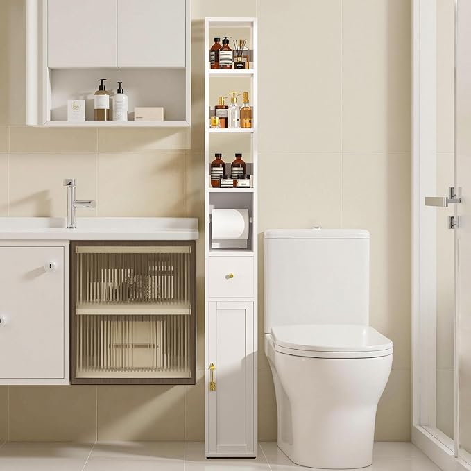 VECELO Storage Cabinet, 67" Tall Narrow Bathroom Cabinet with 3 Adjustable Shelves, Toilet Paper Holder, Magnetic Door & Drawer, for Small Spaces, Pearl White