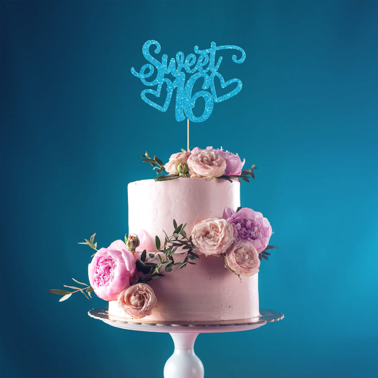 1Pc Sweet Teenager 16 Cake Topper Glitter 16th Birthday Cake Pick for Cheers to 16 Years Old 16th Birthday Party Cake Decorations Supplies Light Blue